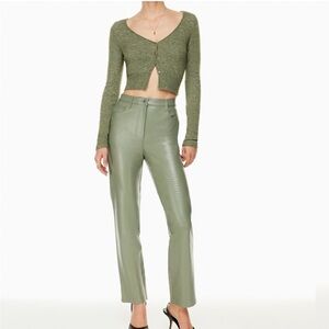 Aritzia Wilfred Beatrix High Rise Flare Leather Pants size 12 bitter sage color